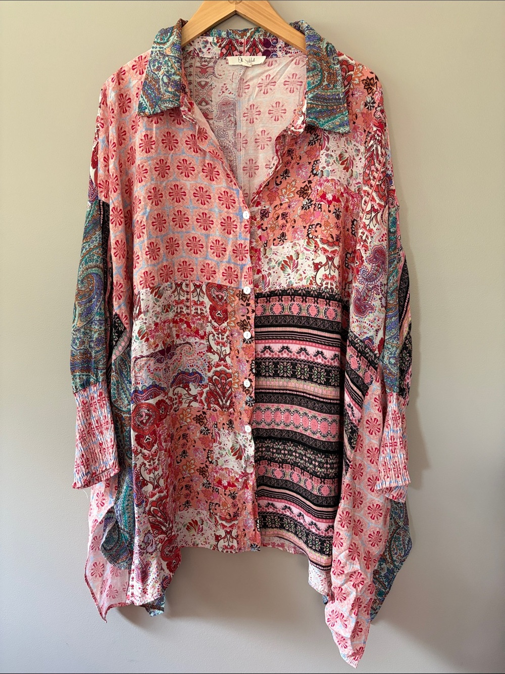 Oli & Hali Boho Patchwork Print Button Down Shirt Blouse Size XL Pink Red Black